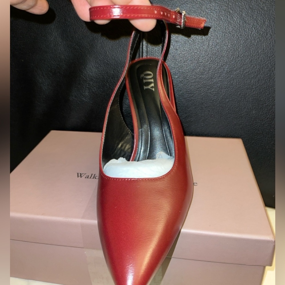 QIY Closed Toe Ankle Strap Sling Back Heel Burgundy/Wine Color Size 8.5 NWB - Picture 14 of 16